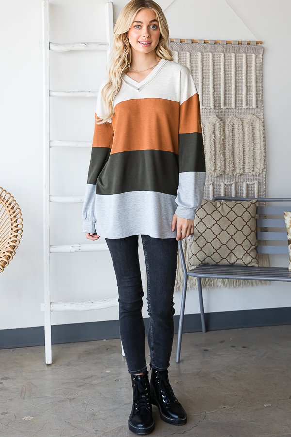 Large Stripe Rust, Cream, & Grey Long Sleeve V Neck Shirt