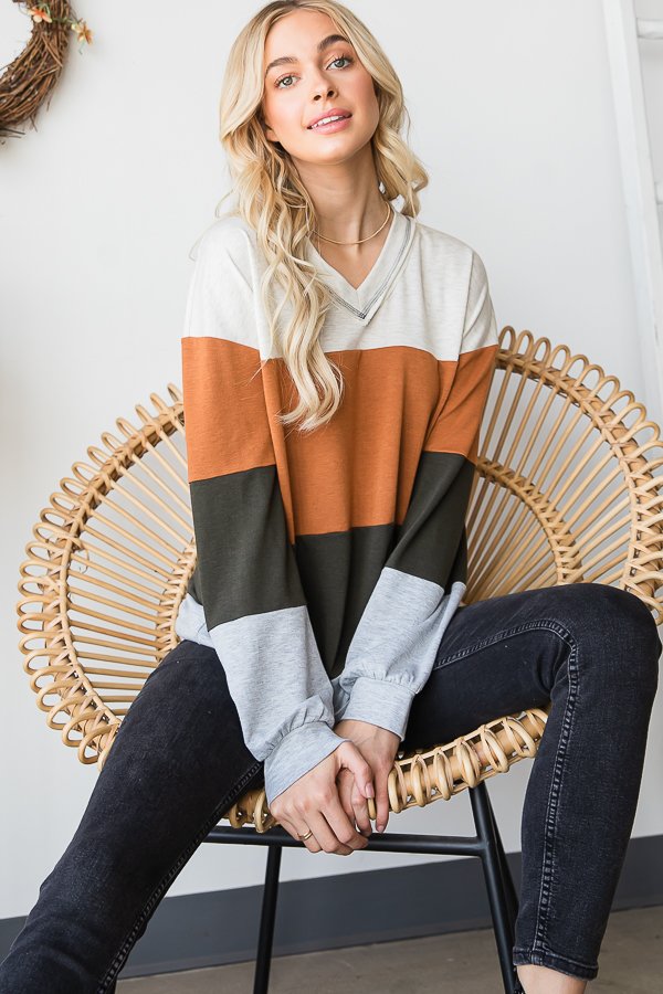 Large Stripe Rust, Cream, & Grey Long Sleeve V Neck Shirt