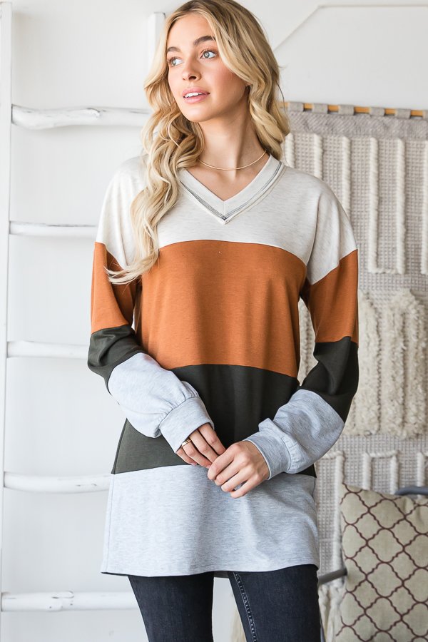 Large Stripe Rust, Cream, & Grey Long Sleeve V Neck Shirt