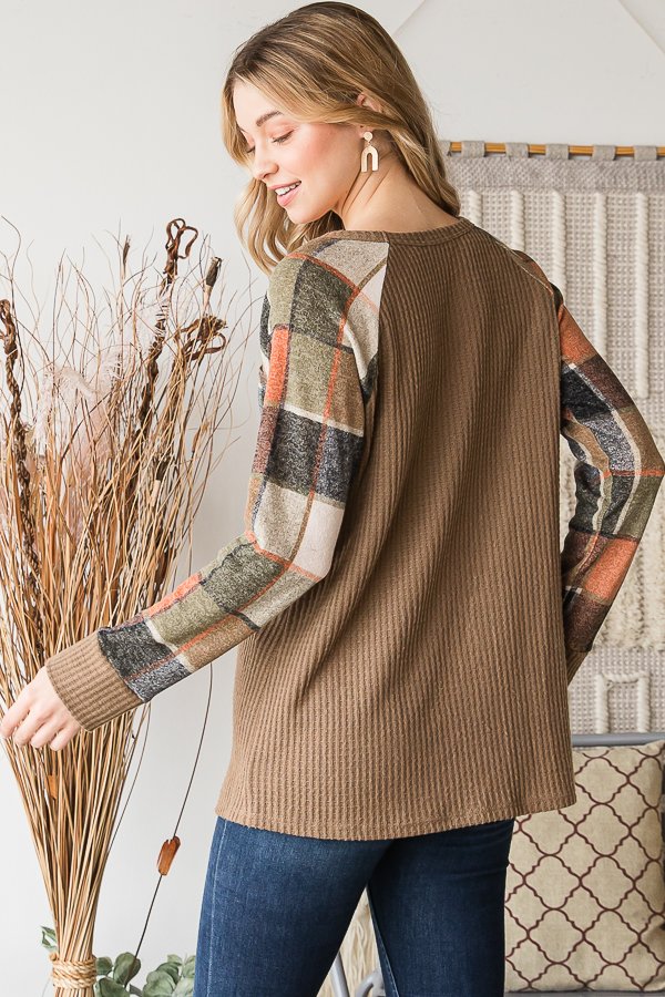 Long Sleeve Cocoa Waffle with Plaid Sleeves and Left Chest Pocket