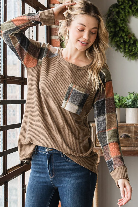 Long Sleeve Cocoa Waffle with Plaid Sleeves and Left Chest Pocket