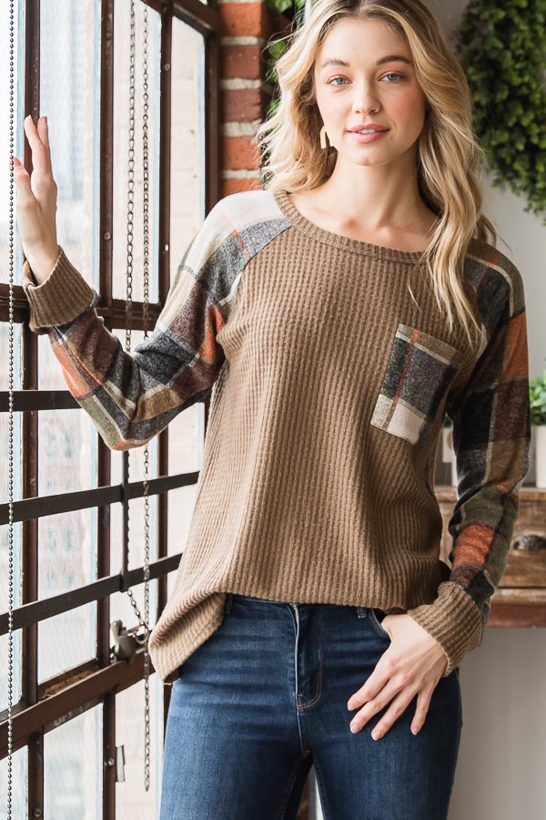 Long Sleeve Cocoa Waffle with Plaid Sleeves and Left Chest Pocket