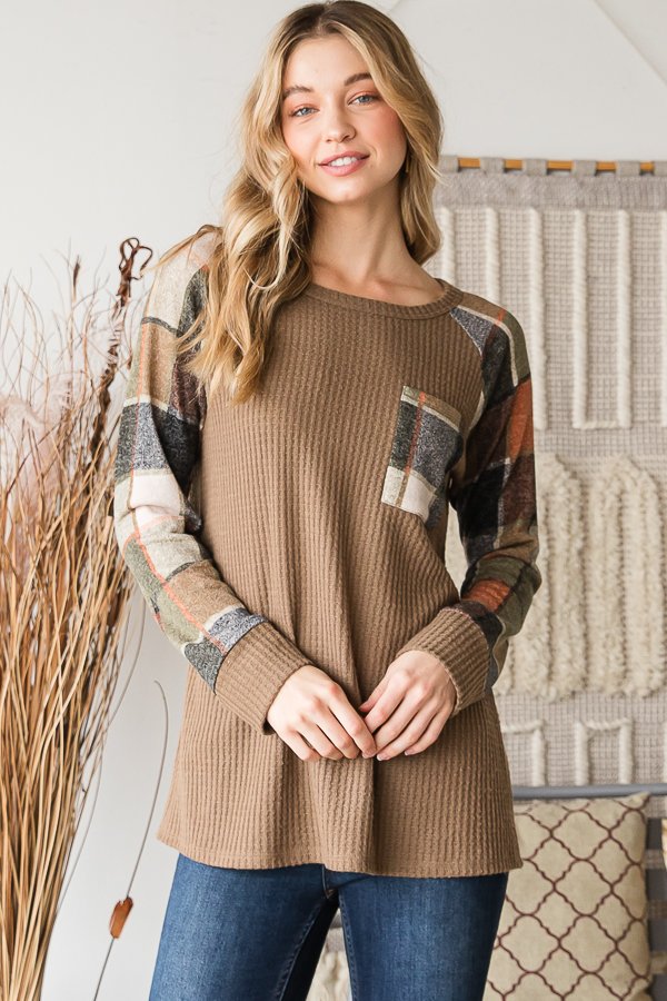 Long Sleeve Cocoa Waffle with Plaid Sleeves and Left Chest Pocket