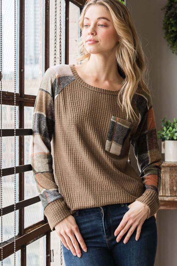 Long Sleeve Cocoa Waffle with Plaid Sleeves and Left Chest Pocket