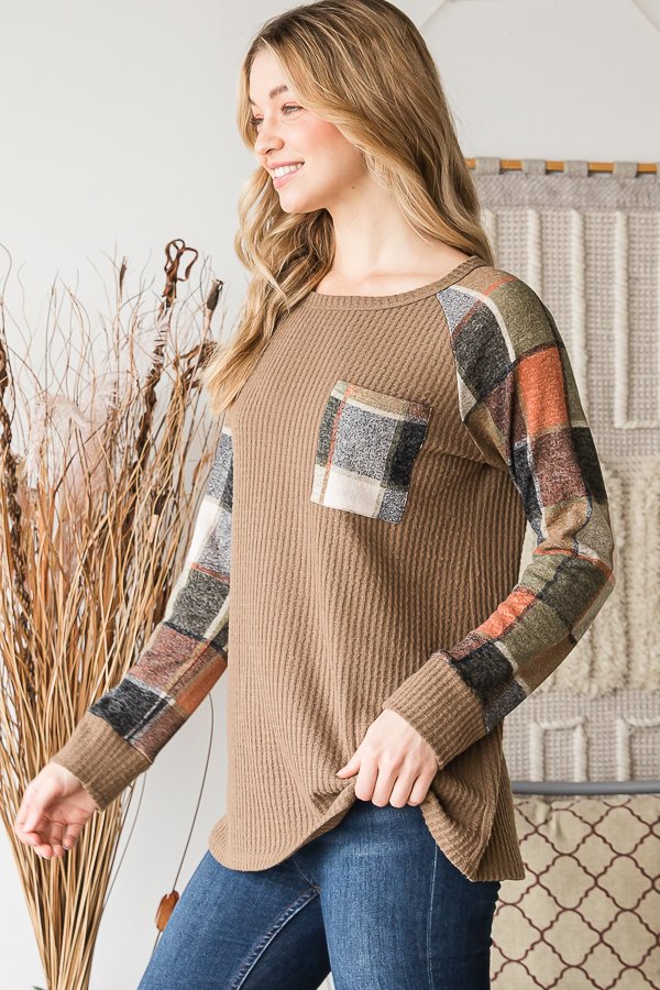 Long Sleeve Cocoa Waffle with Plaid Sleeves and Left Chest Pocket