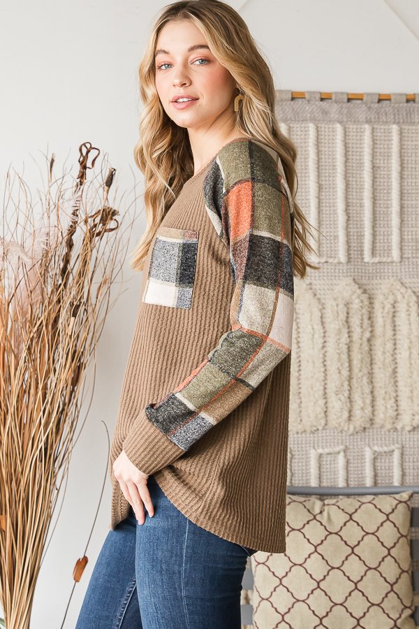 Long Sleeve Cocoa Waffle with Plaid Sleeves and Left Chest Pocket