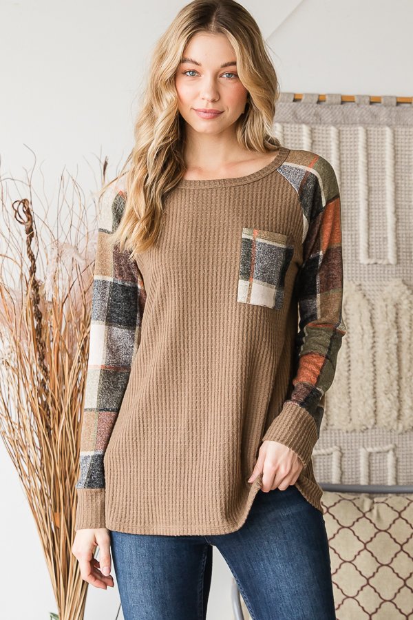 Long Sleeve Cocoa Waffle with Plaid Sleeves and Left Chest Pocket