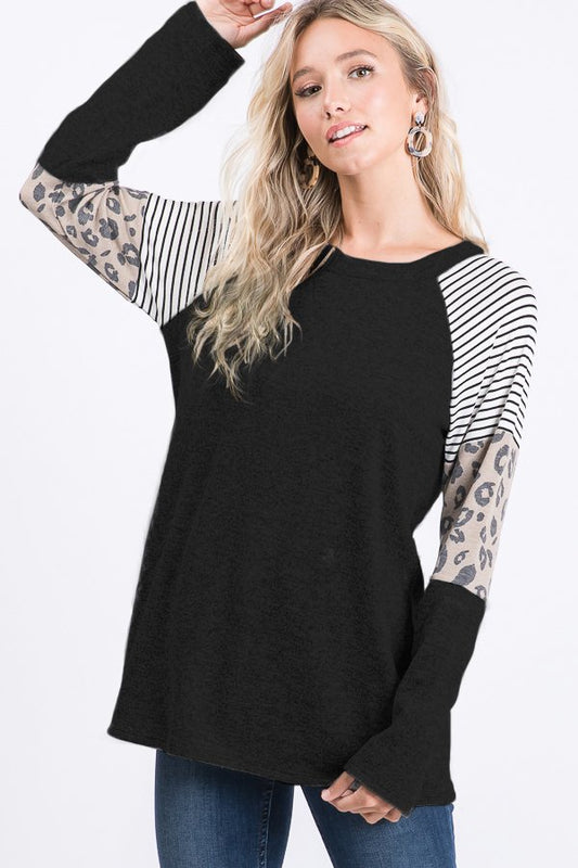 Leopard and Striped Long Sleeve Black Top