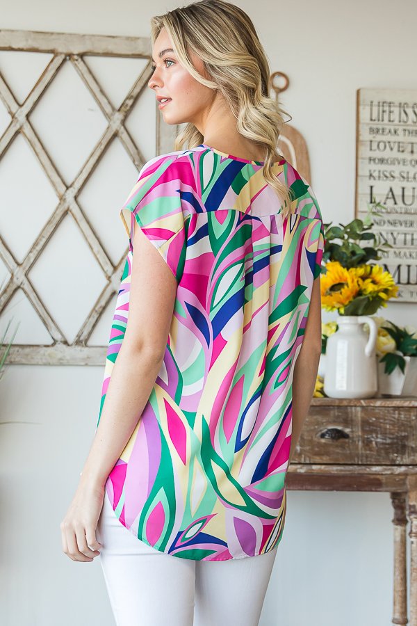 Fuchsia Multi Color Geometric Print Top