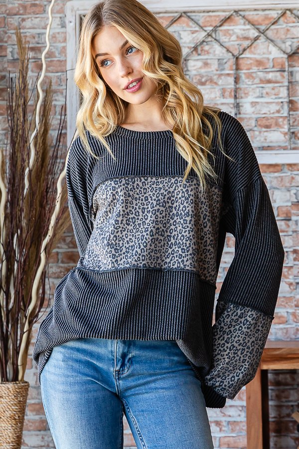 Urban Ribbed Charcoal with Leopard Long Sleeve Pullover