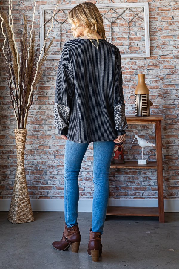 Urban Ribbed Charcoal with Leopard Long Sleeve Pullover