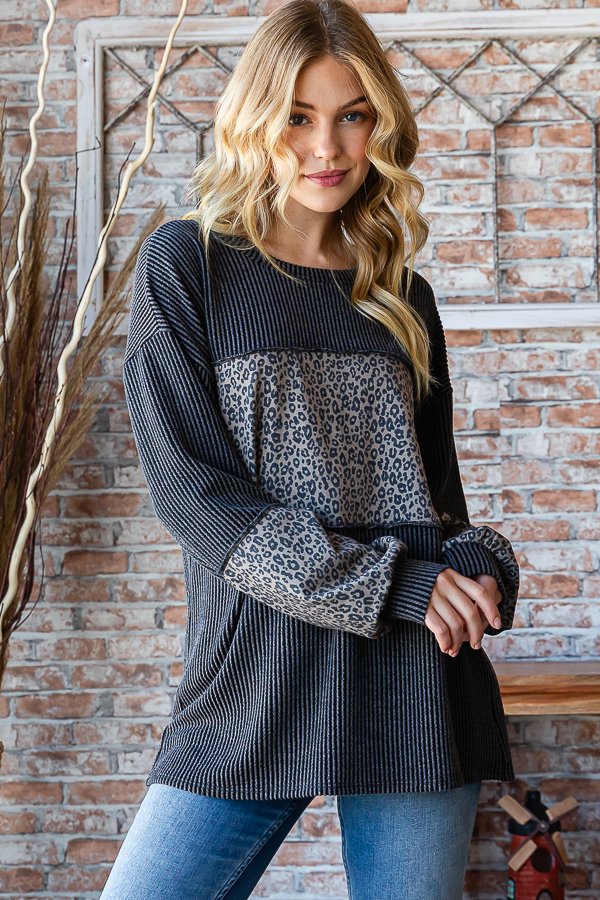 Urban Ribbed Charcoal with Leopard Long Sleeve Pullover