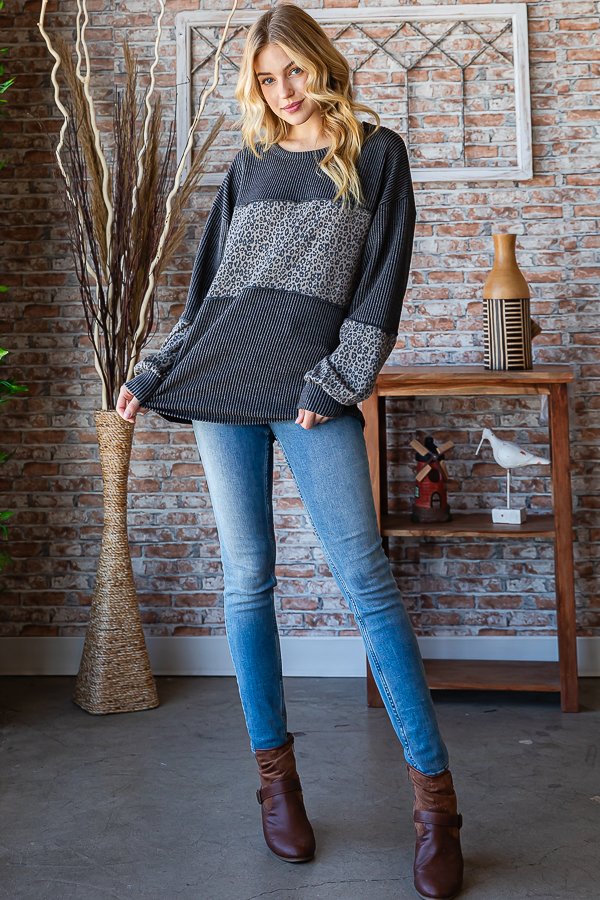 Urban Ribbed Charcoal with Leopard Long Sleeve Pullover