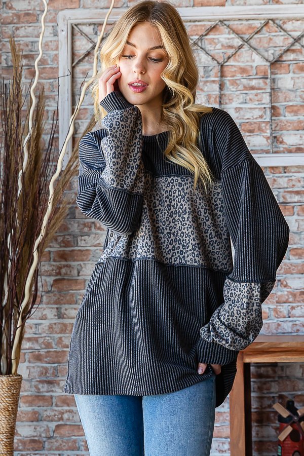 Urban Ribbed Charcoal with Leopard Long Sleeve Pullover