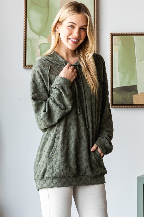 Checkered Textured Hoodie Olive Green