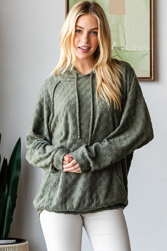 Checkered Textured Hoodie Olive Green