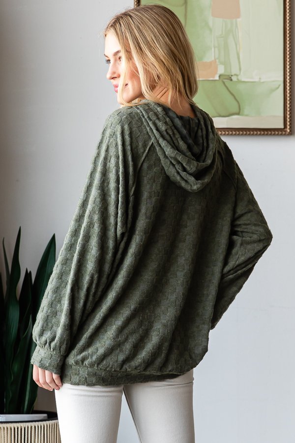 Checkered Textured Hoodie Olive Green