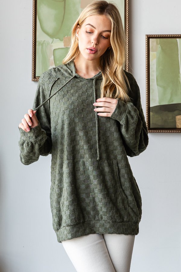 Checkered Textured Hoodie Olive Green