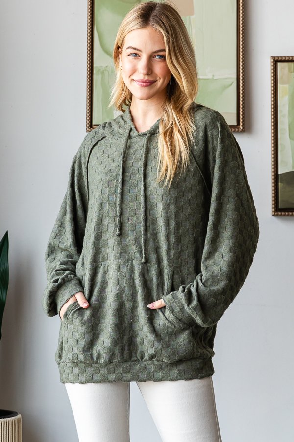 Checkered Textured Hoodie Olive Green