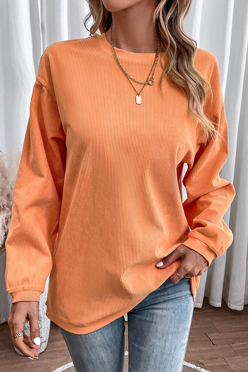 Ribbed Corded Oversized Pullover - Orange