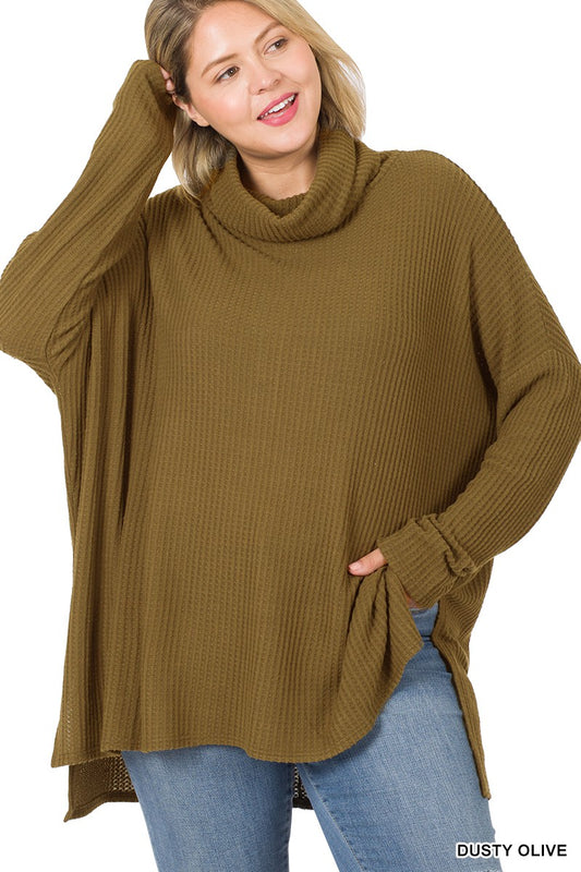 Brushed Thermal Waffle Cowl Neck Hi-Low Sweater - Dusty Olive