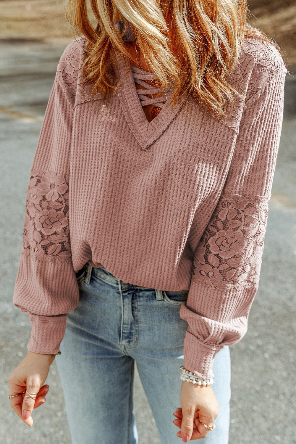 Patchwork Strappy V Neck Long Sleeve Top - Pink