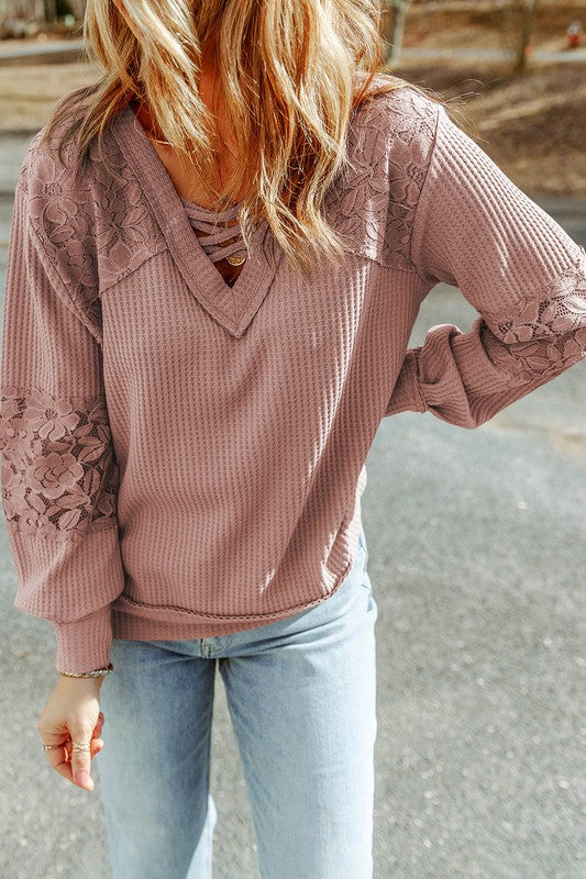 Patchwork Strappy V Neck Long Sleeve Top - Pink