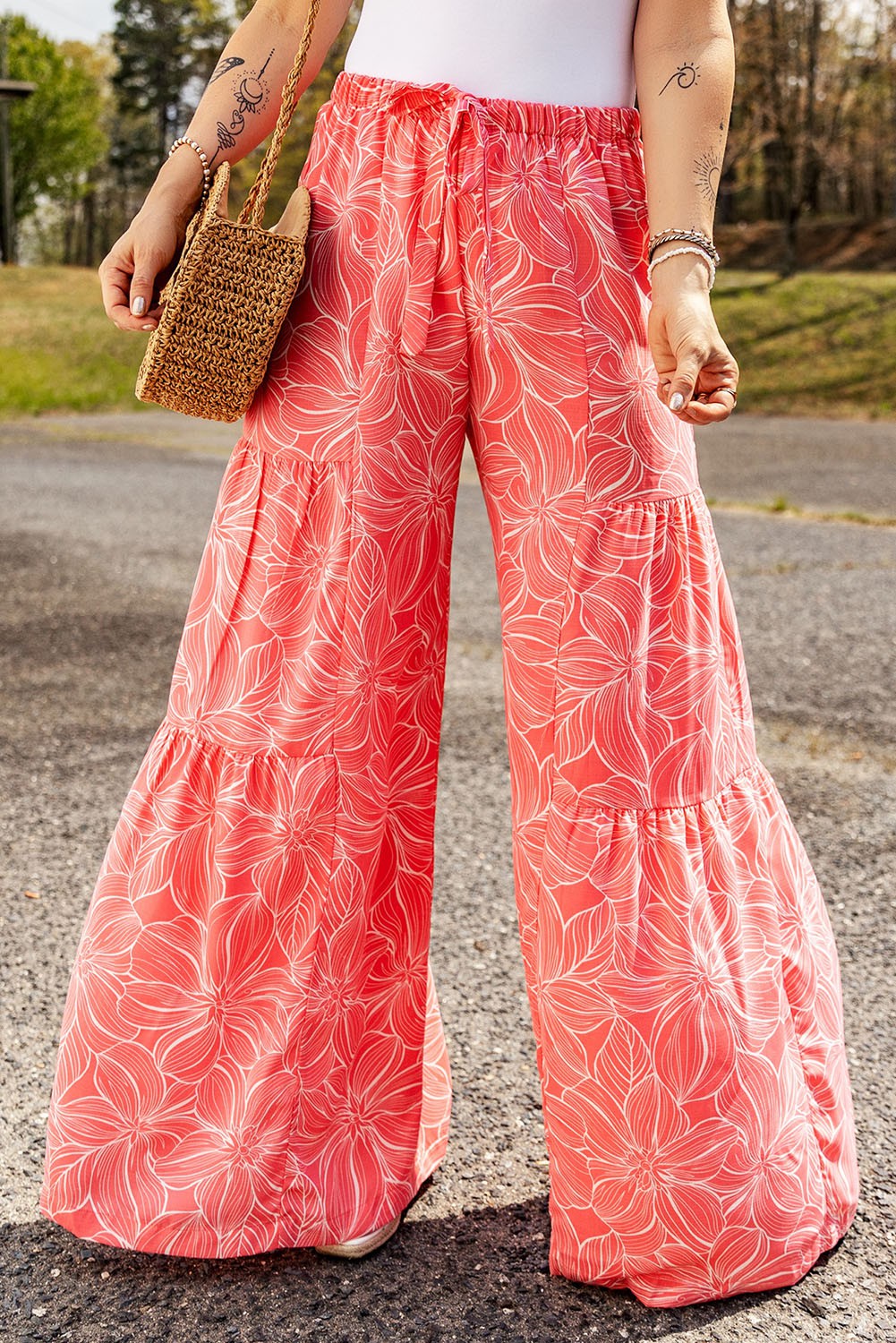 Coral Bohemian Floral Print Wide Leg Pants