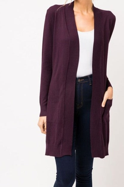 Plum Long Open Front Cardigan