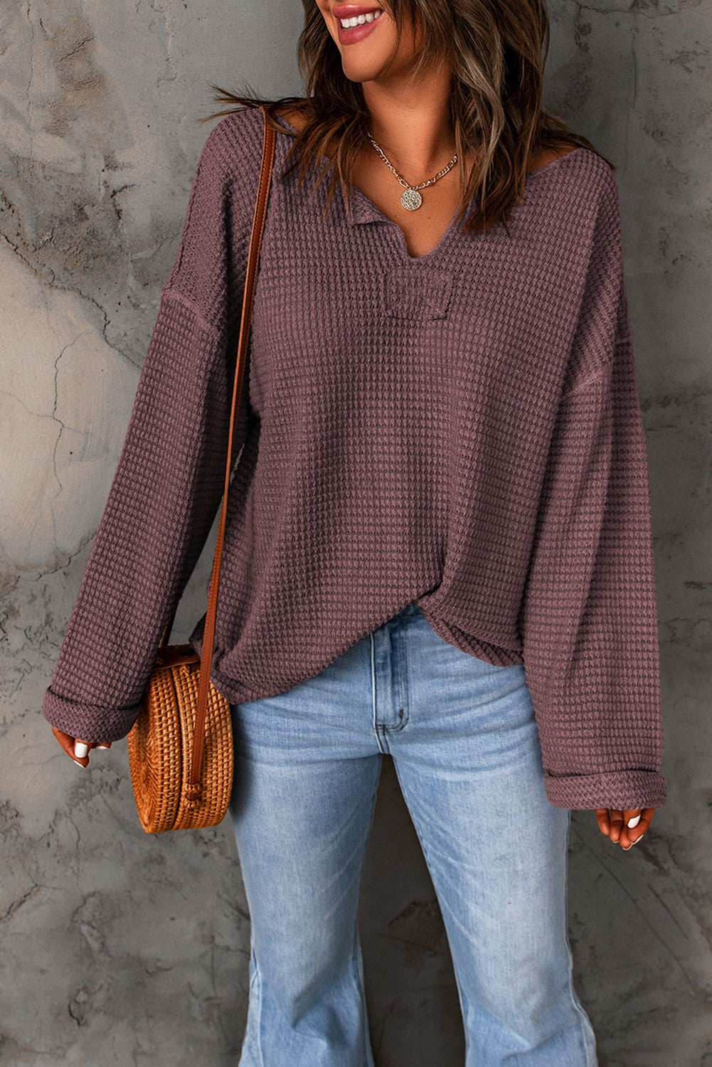 Waffle Knit Loose Long Sleeve Top - Plum Purple