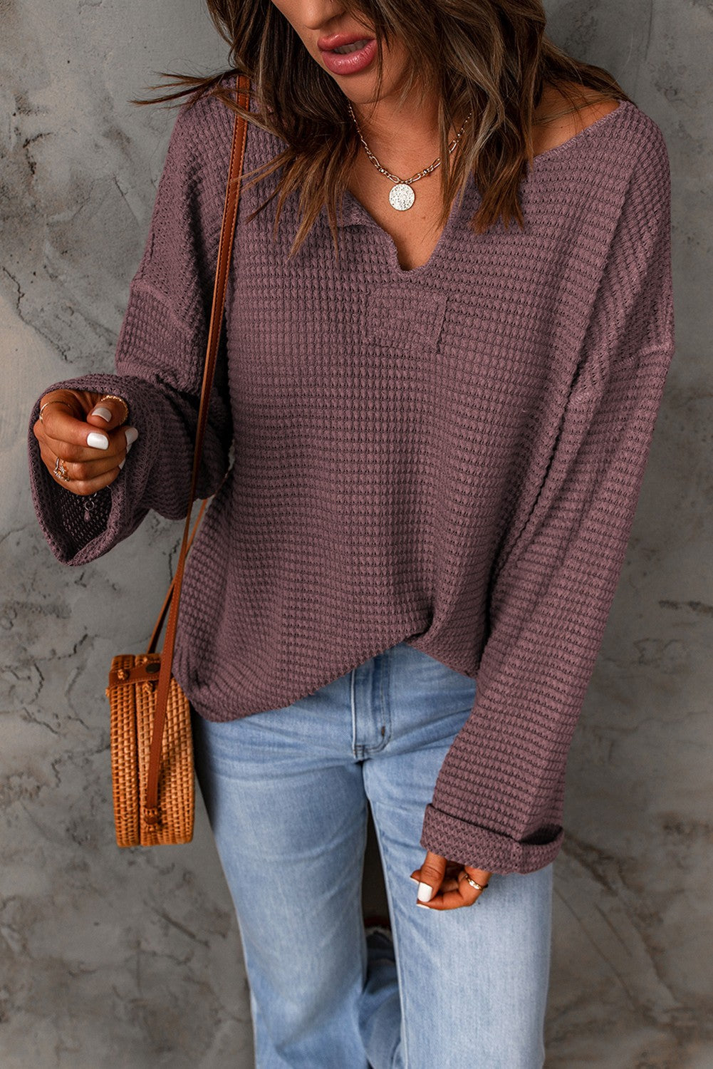 Waffle Knit Loose Long Sleeve Top - Plum Purple