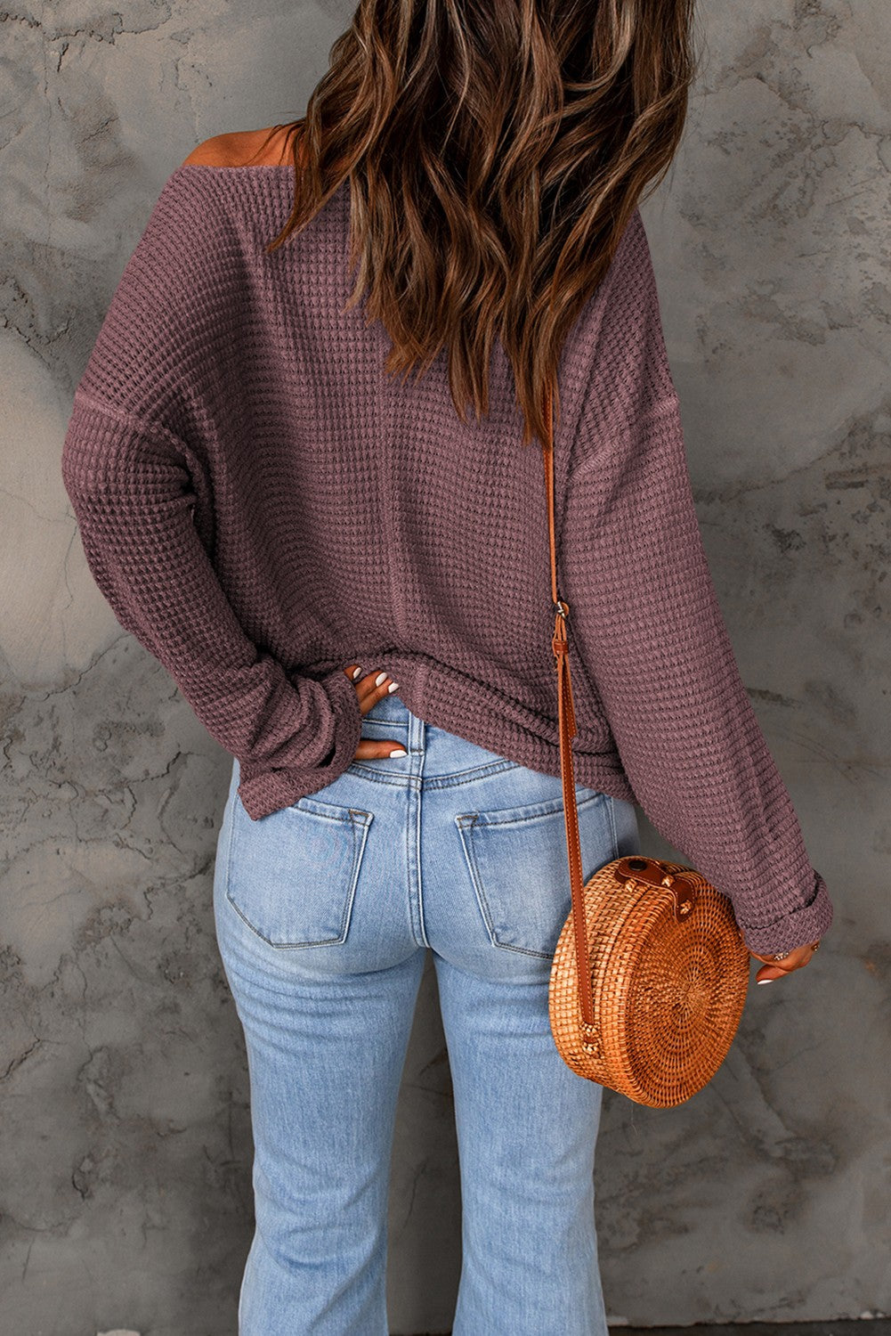 Waffle Knit Loose Long Sleeve Top - Plum Purple