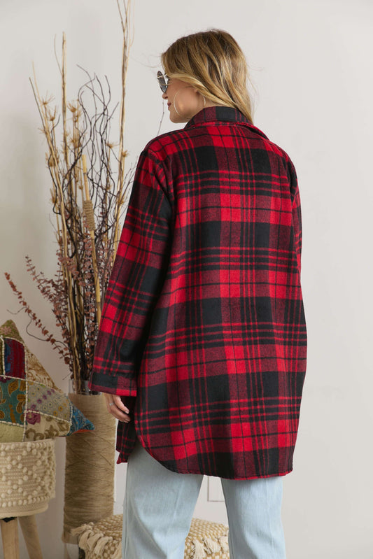 Buffalo Plaid Long Flannel Shirt Jacket - Red & Black