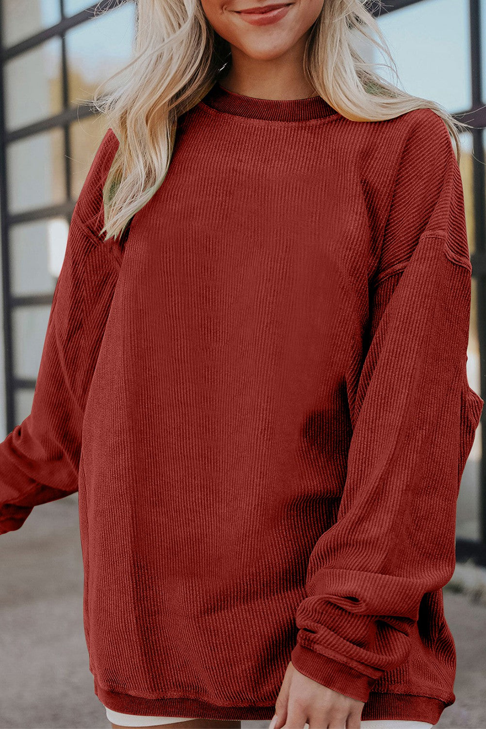 Ribbed Corded Oversized Pullover - Brick Red