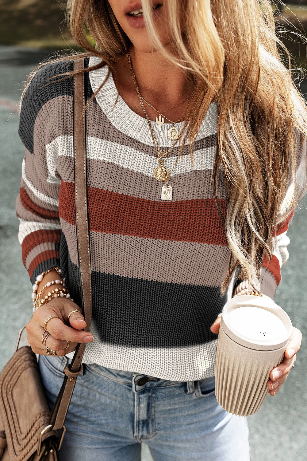 Ribbed Round Neck Color Block Knitted Sweater