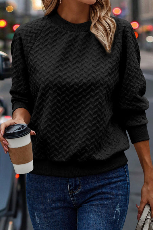 Chevron Solid Textured Raglan Sleeve Pullover Sweatshirt - Black