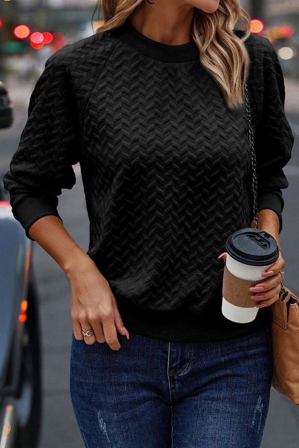 Chevron Solid Textured Raglan Sleeve Pullover Sweatshirt - Black