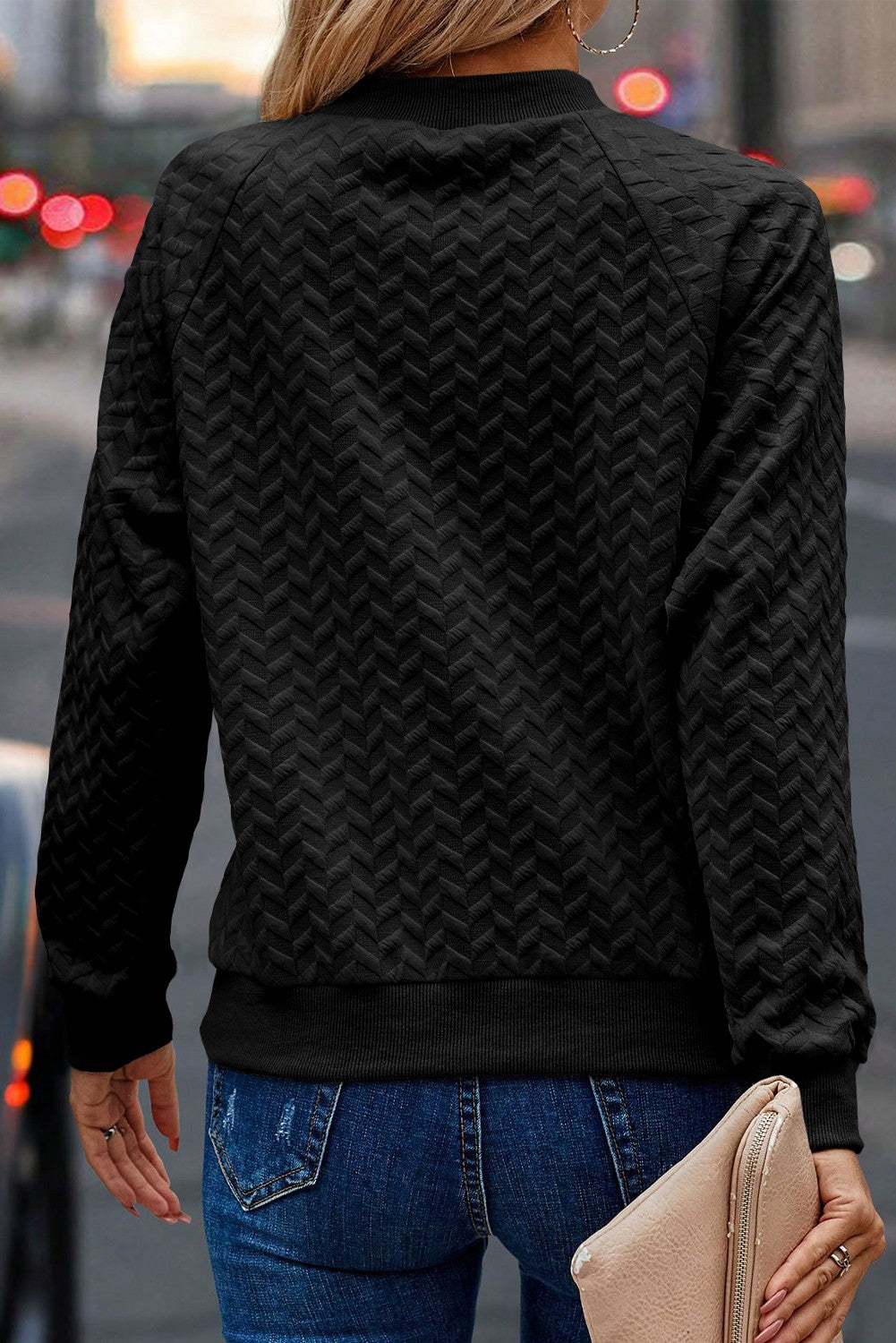 Chevron Solid Textured Raglan Sleeve Pullover Sweatshirt - Black