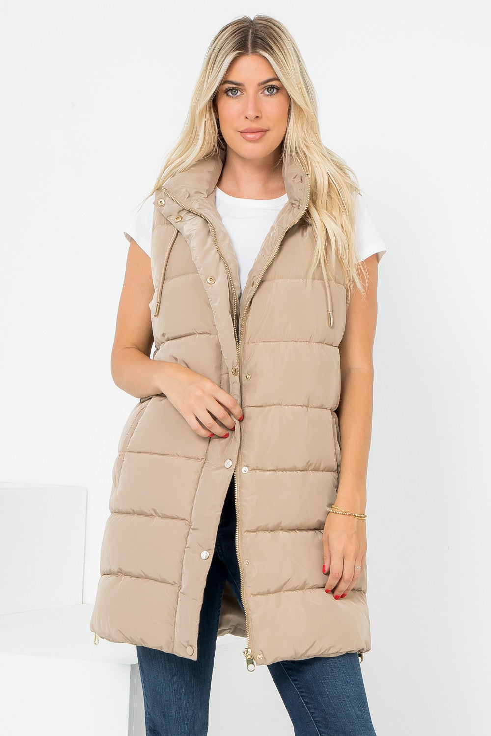 Light Taupe - Hand Stuffed Silky Puffer Vest Snap & Zip with Hood