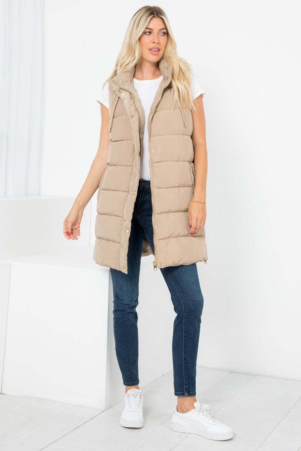 Light Taupe - Hand Stuffed Silky Puffer Vest Snap & Zip with Hood