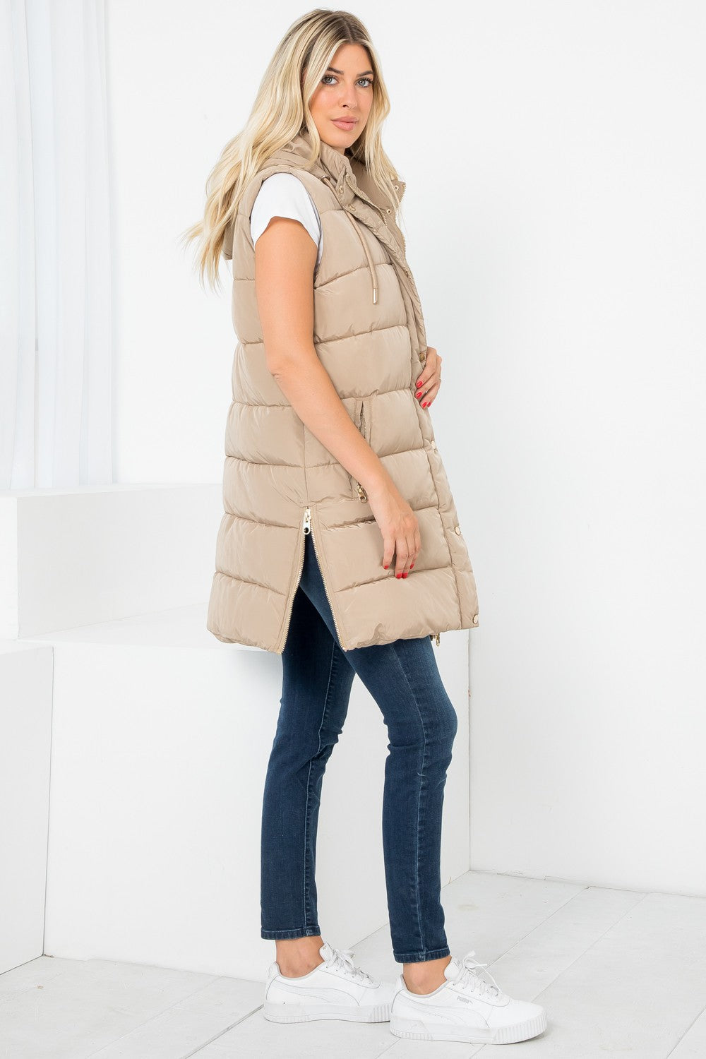 Light Taupe - Hand Stuffed Silky Puffer Vest Snap & Zip with Hood