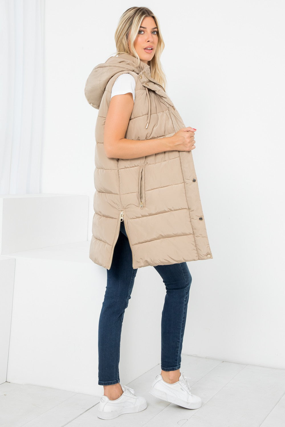 Light Taupe - Hand Stuffed Silky Puffer Vest Snap & Zip with Hood