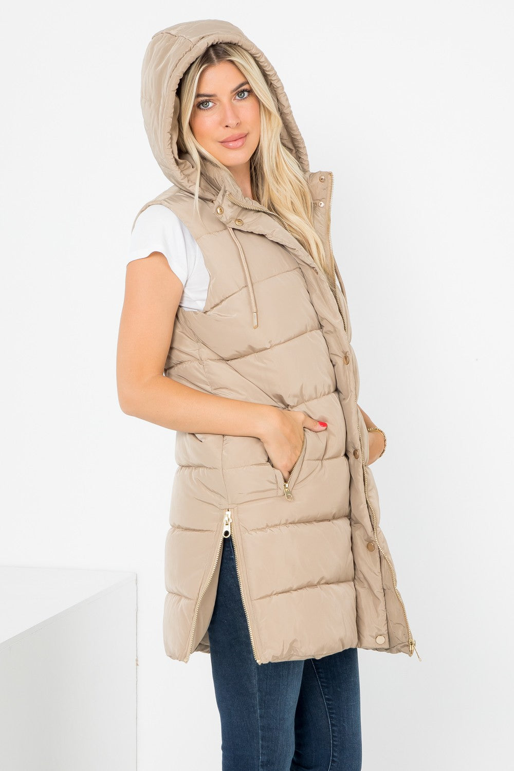 Light Taupe - Hand Stuffed Silky Puffer Vest Snap & Zip with Hood