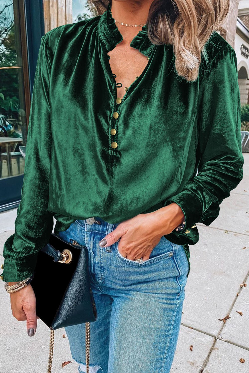 Velvet Frilled Neck Buttoned Front Top Green